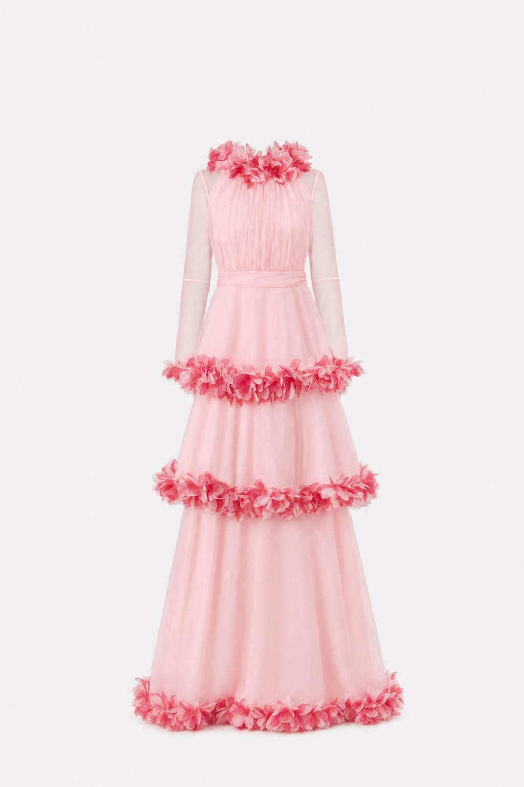 Mesh Tiered Maxi Dress With Floral Trim - 1