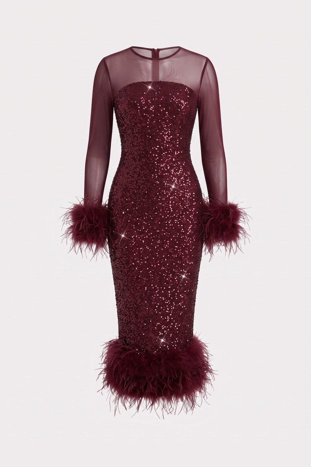 Sequin Mesh Feather Trim Midi Dress - 1