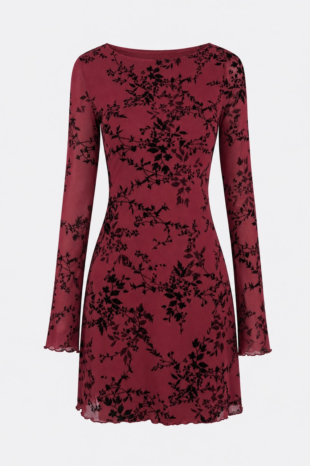 Wine Red Mesh Mini Dress With Bell Sleeves - 1
