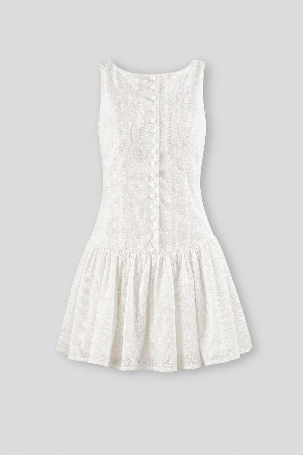 White Jacquard Cotton Mini Dress with Boat Neck A-Line Fit - 1
