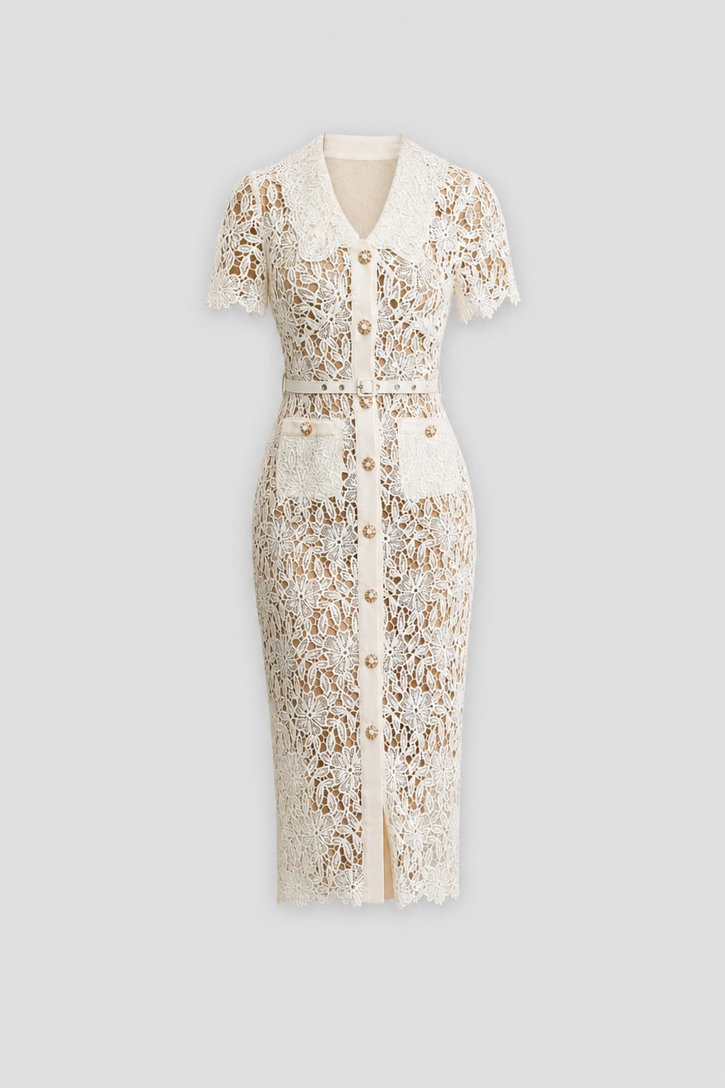Floral Lace V-Neck Midi Dress with Button-Up Front