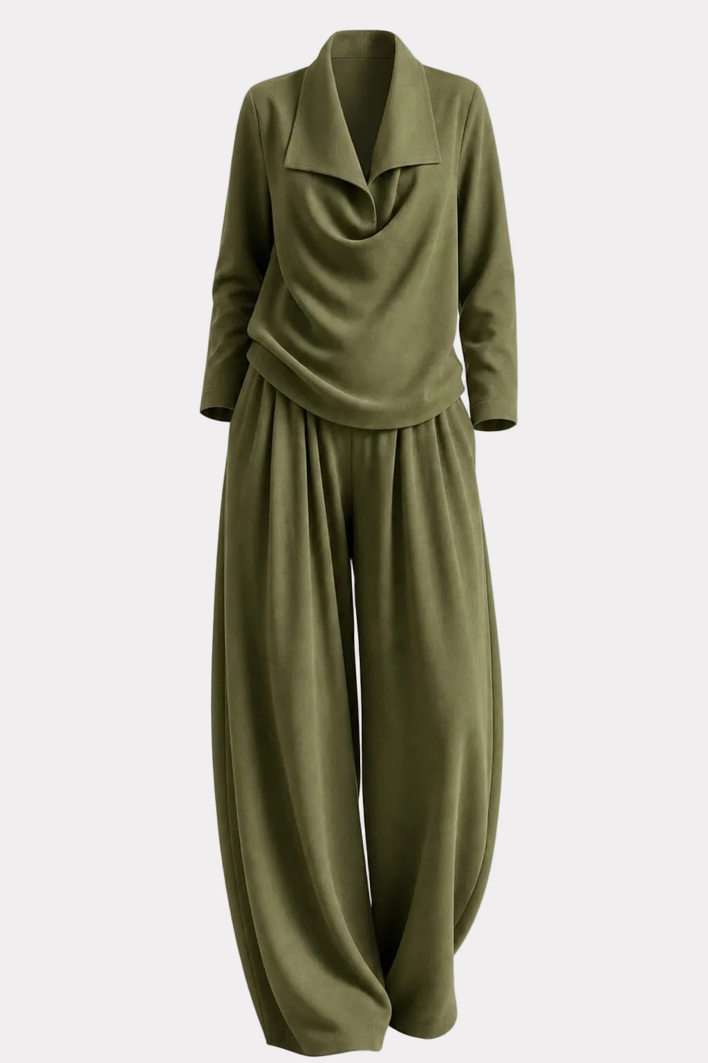 Effortless Polyester Lapel Blouse and Wide-Leg Trouser Two-Piece Set - 1