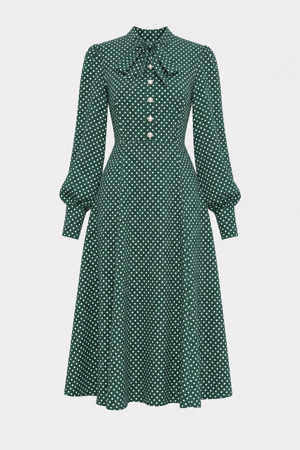 Green Polyester Tie-Neck Midi Dress - 1