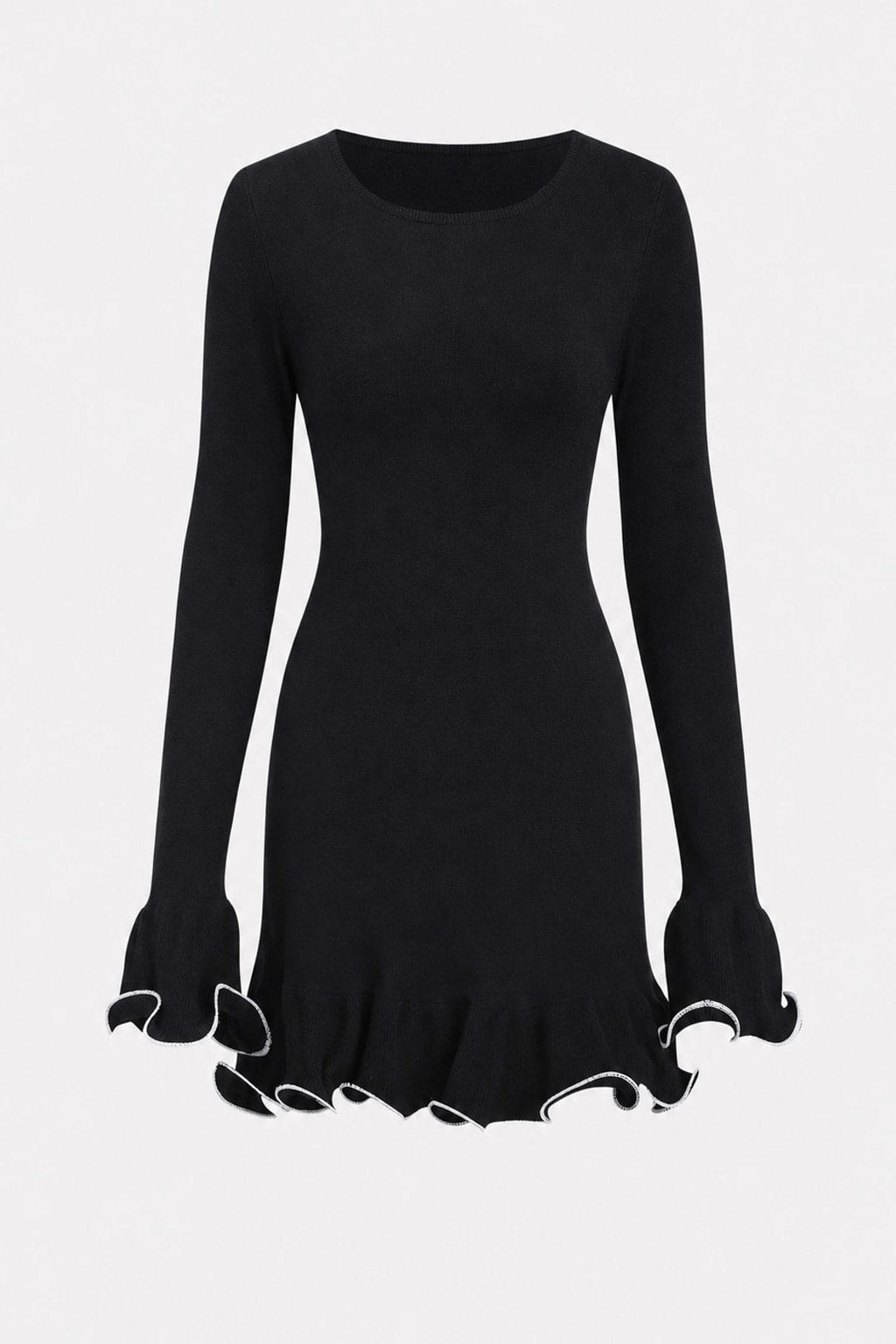 Black Knit Sweater Dress with Ruffle Trim Sleeves - 1