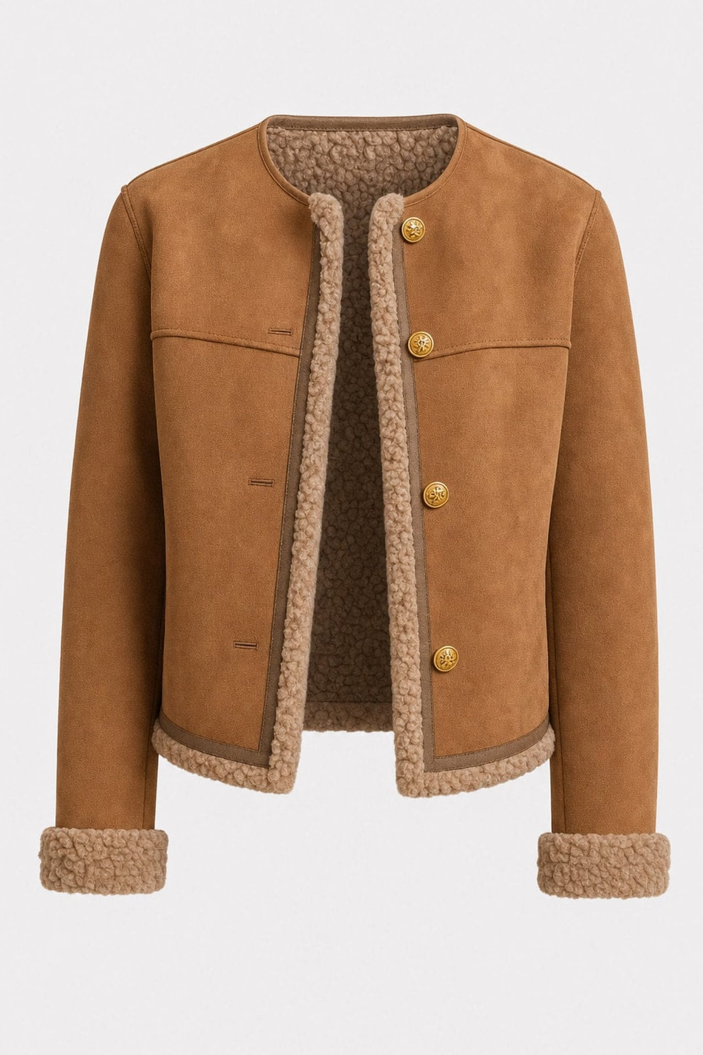 Cozy Suede Shearling Jacket Cropped Collarless - 1