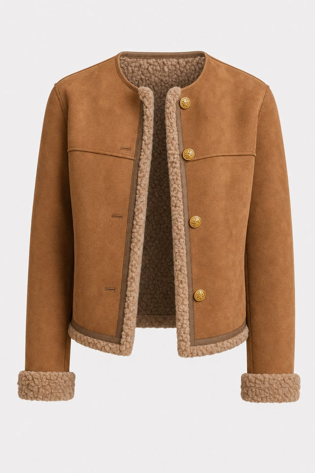 Cozy Suede Shearling Jacket Cropped Collarless - 1