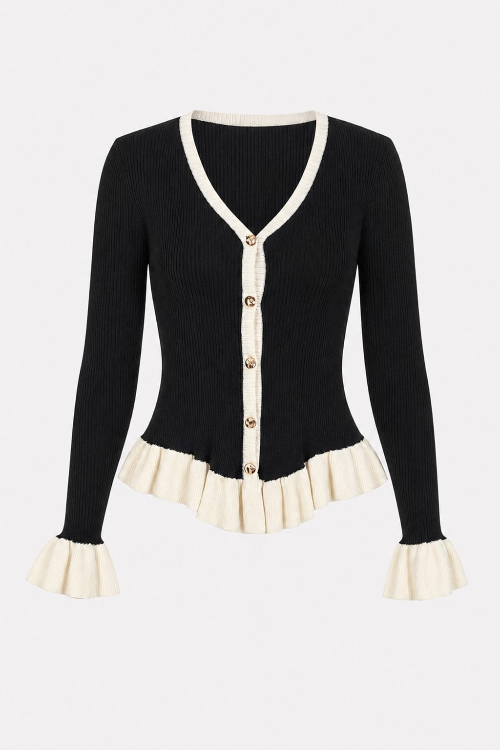 Black Knit V-Neck Cardigan With Contrast Trim - 1