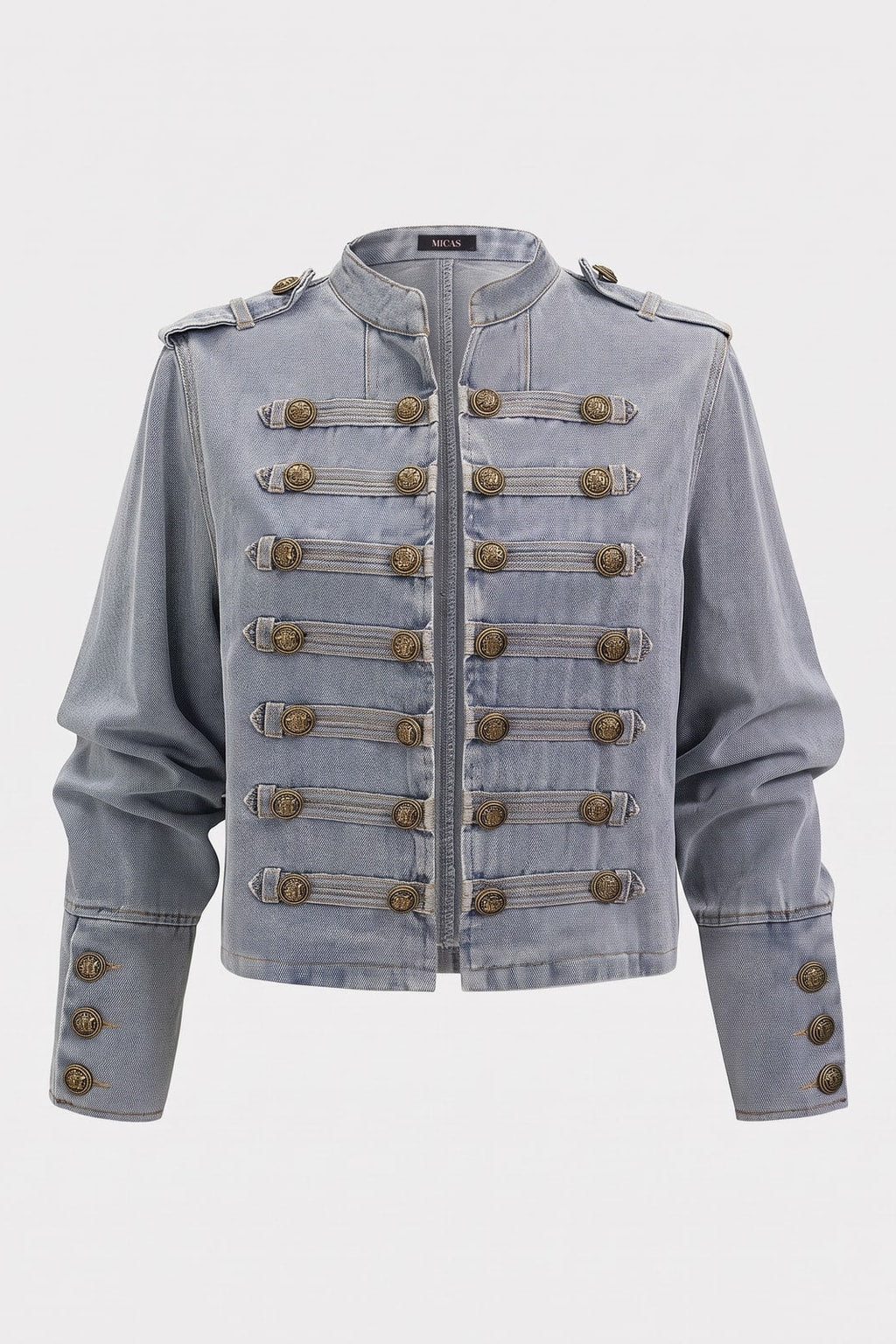 Denim Round Neck Jacket With Metallic Buttons - 1