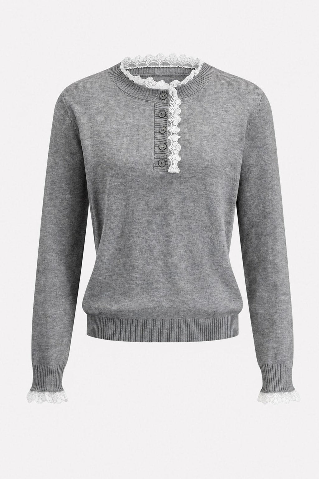 Knit Henley Sweater With Lace Trim Neckline - 1