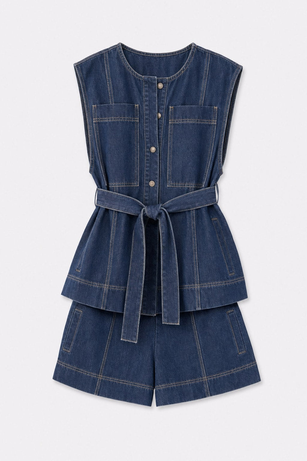 Denim Belted Vest And Shorts Set - 1