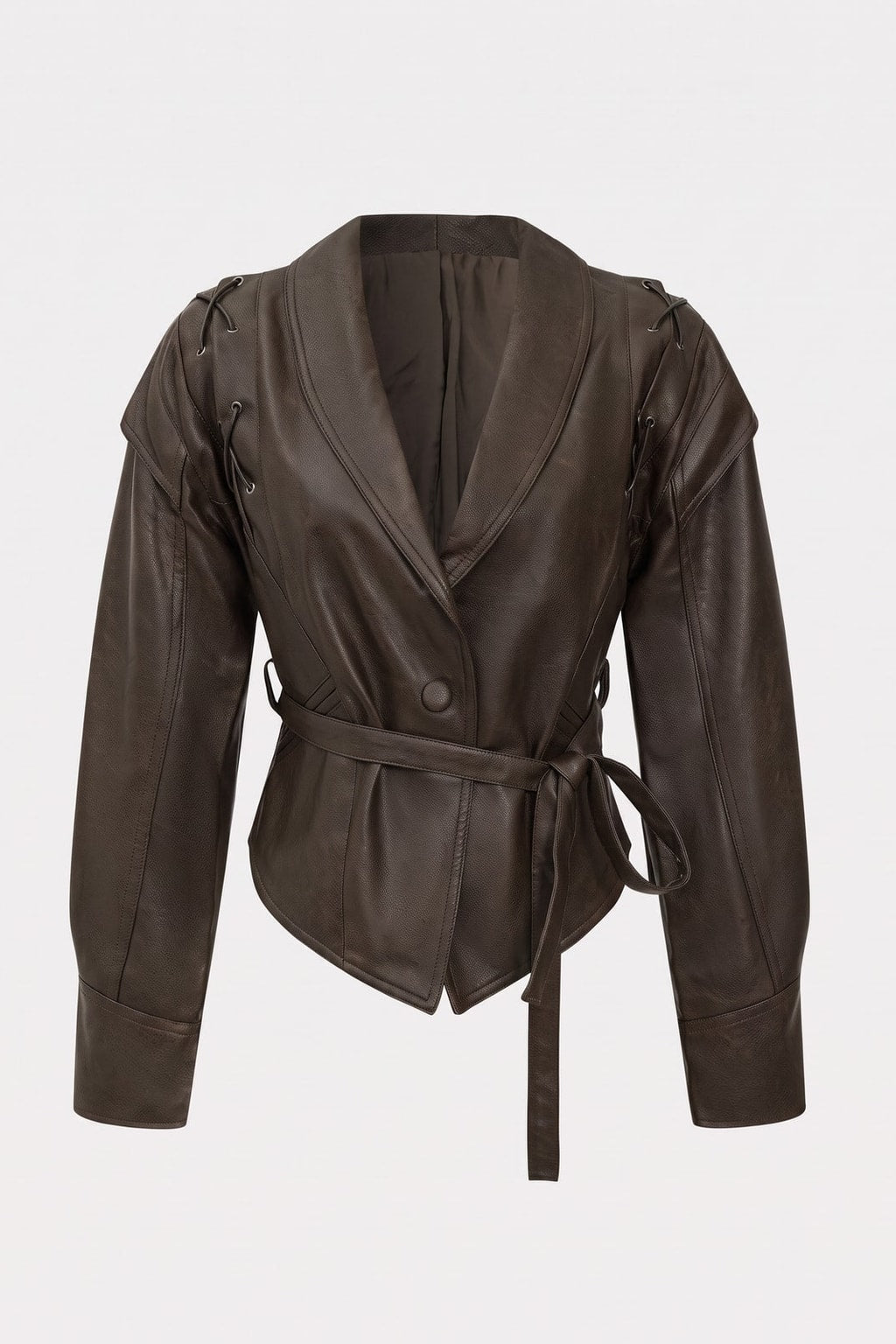 Faux Leather Tie-Front Crossed Button Jacket - 1