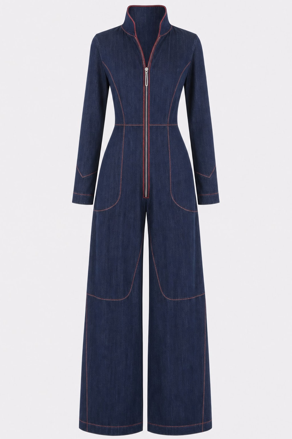 Classic Denim Wide Leg Jumpsuit With Stand Collar - 1