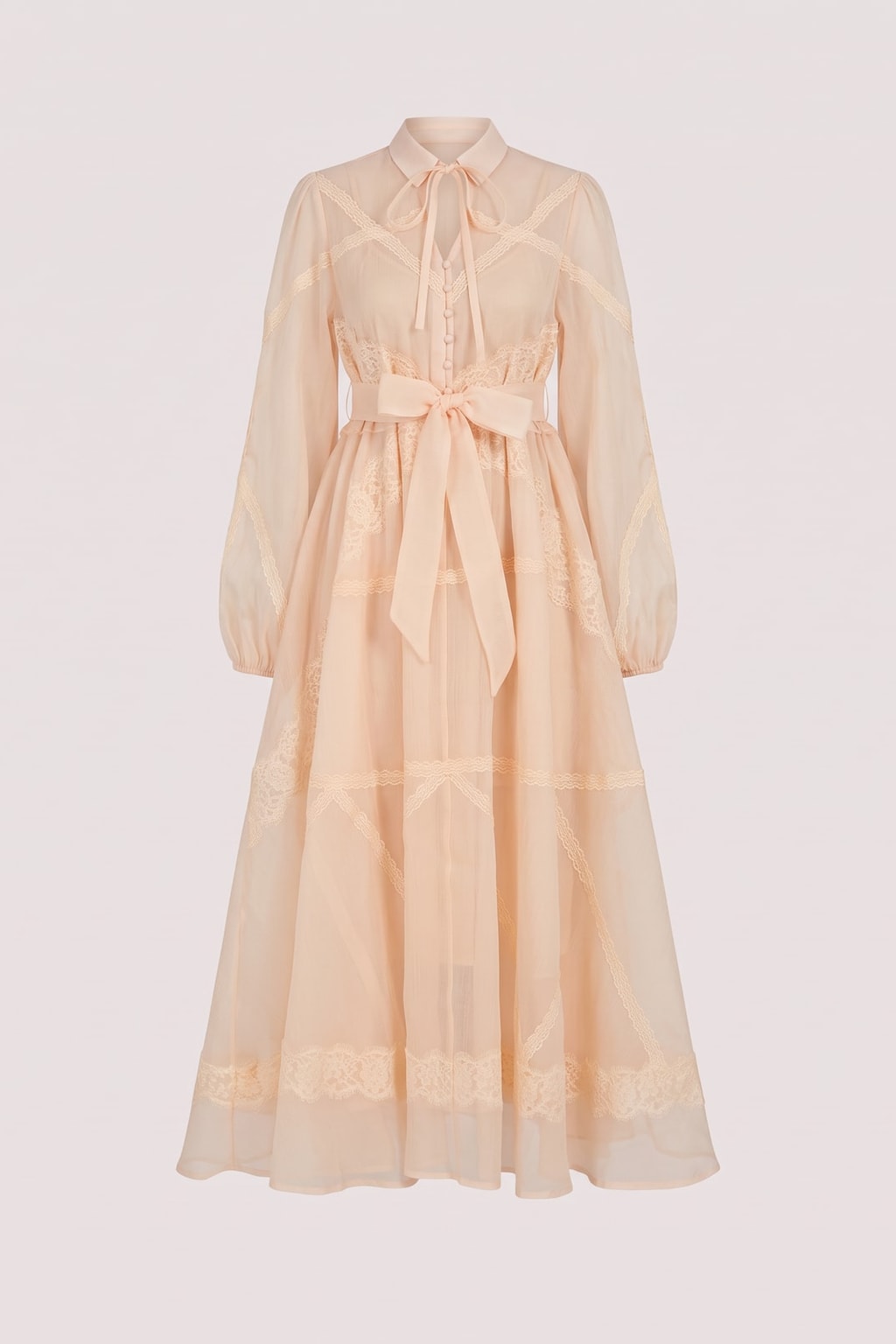 Lace Panel Maxi Dress with Tie-Neck Bow - 1