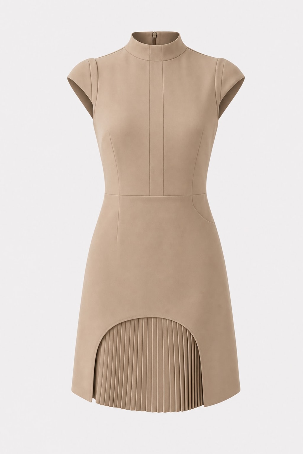 Polyester Mini Dress With High Neck And Pleated Hem - 1