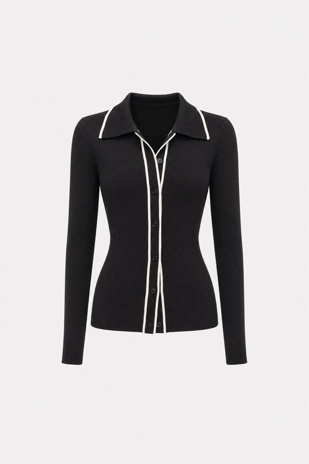 Knit Cardigan With Contrast-Trim Polo Collar - 1