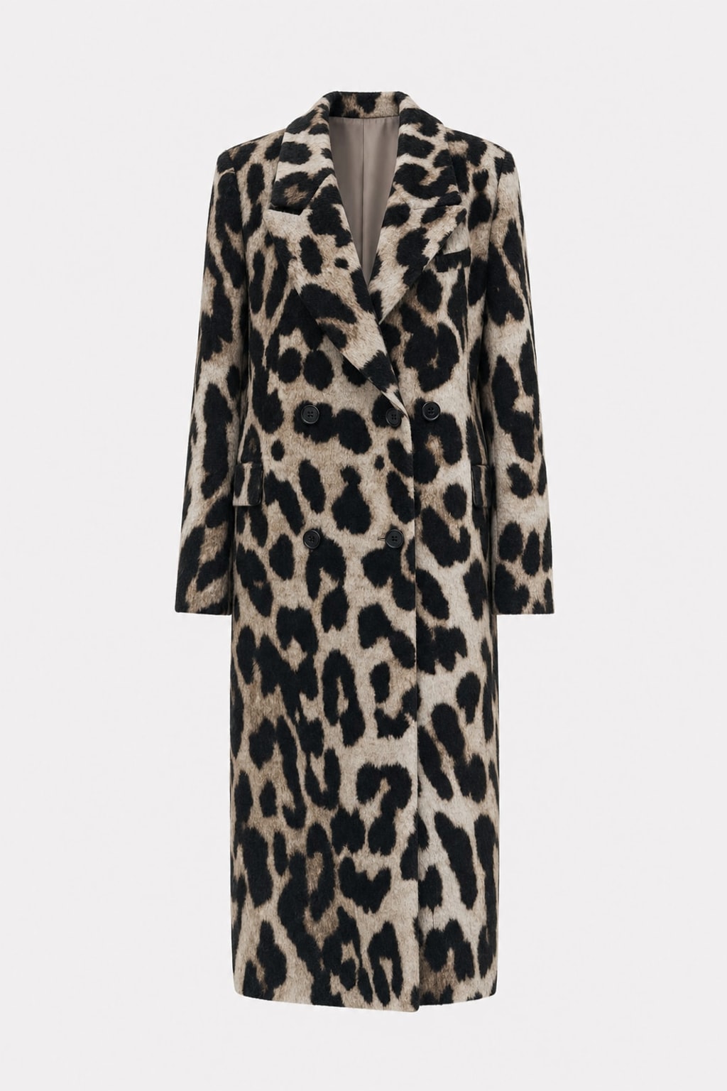 Wool-Blend Double-Breasted Coat With Leopard Print - 1