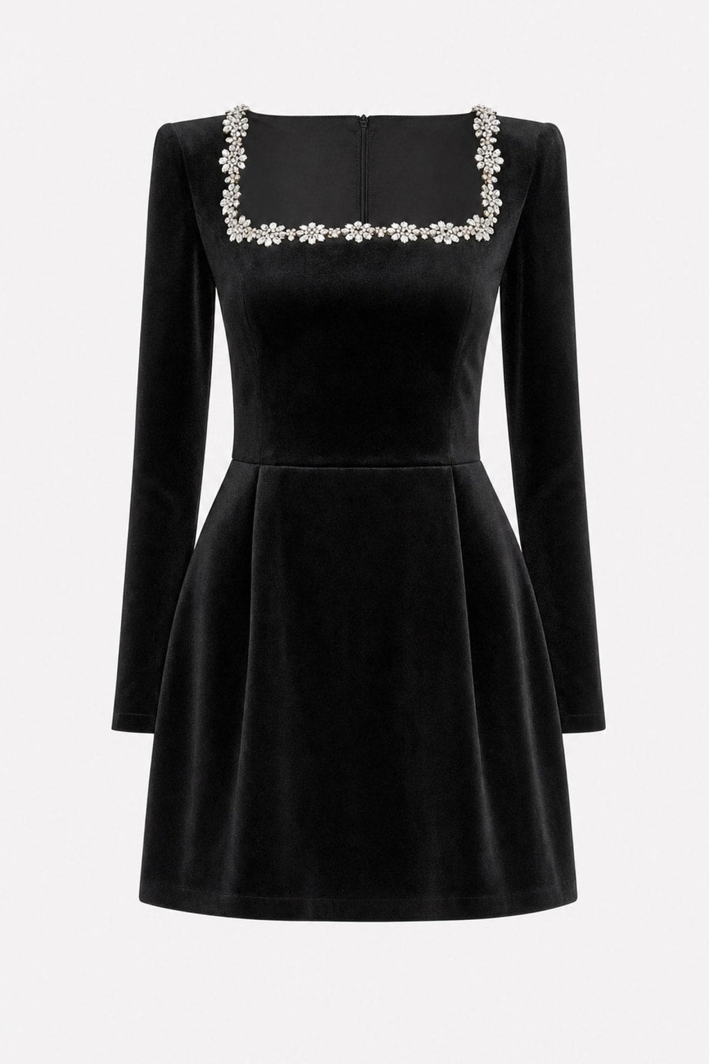 Velvet Long Sleeve Mini Dress With Jeweled Trim - 1