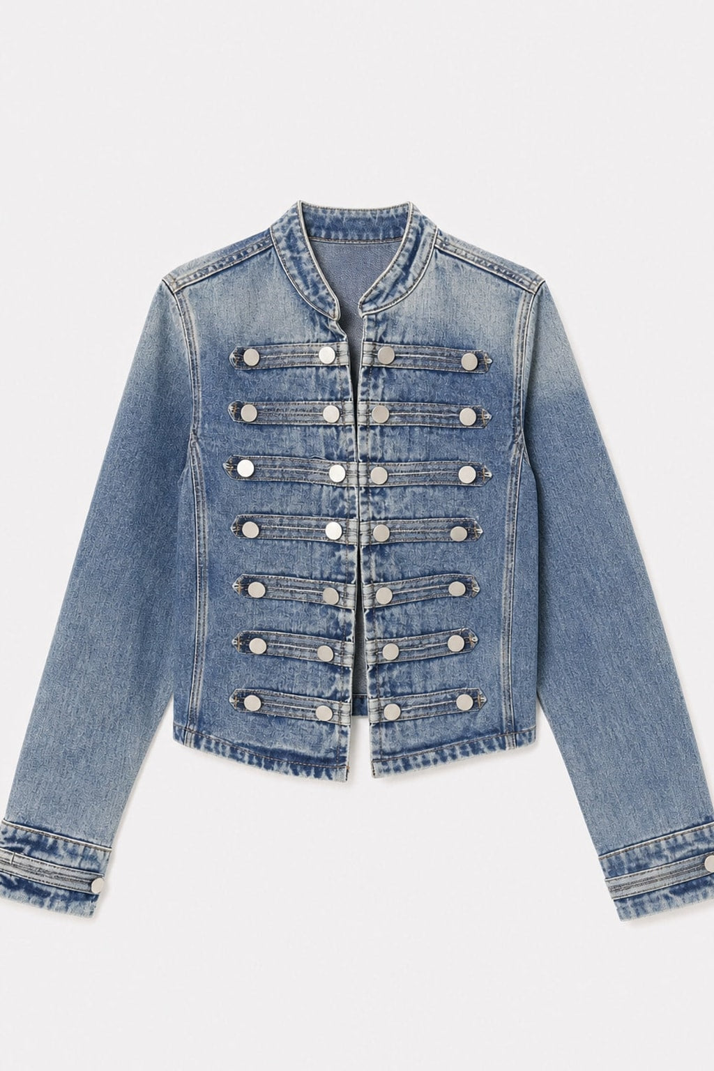 Denim Jacket With Mandarin Collar - 1
