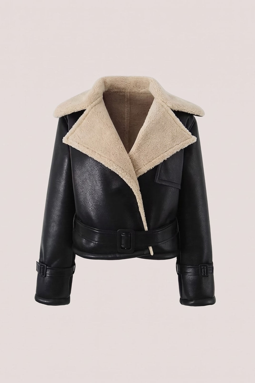 Faux Leather Flight Jacket With Plush Lining - 1
