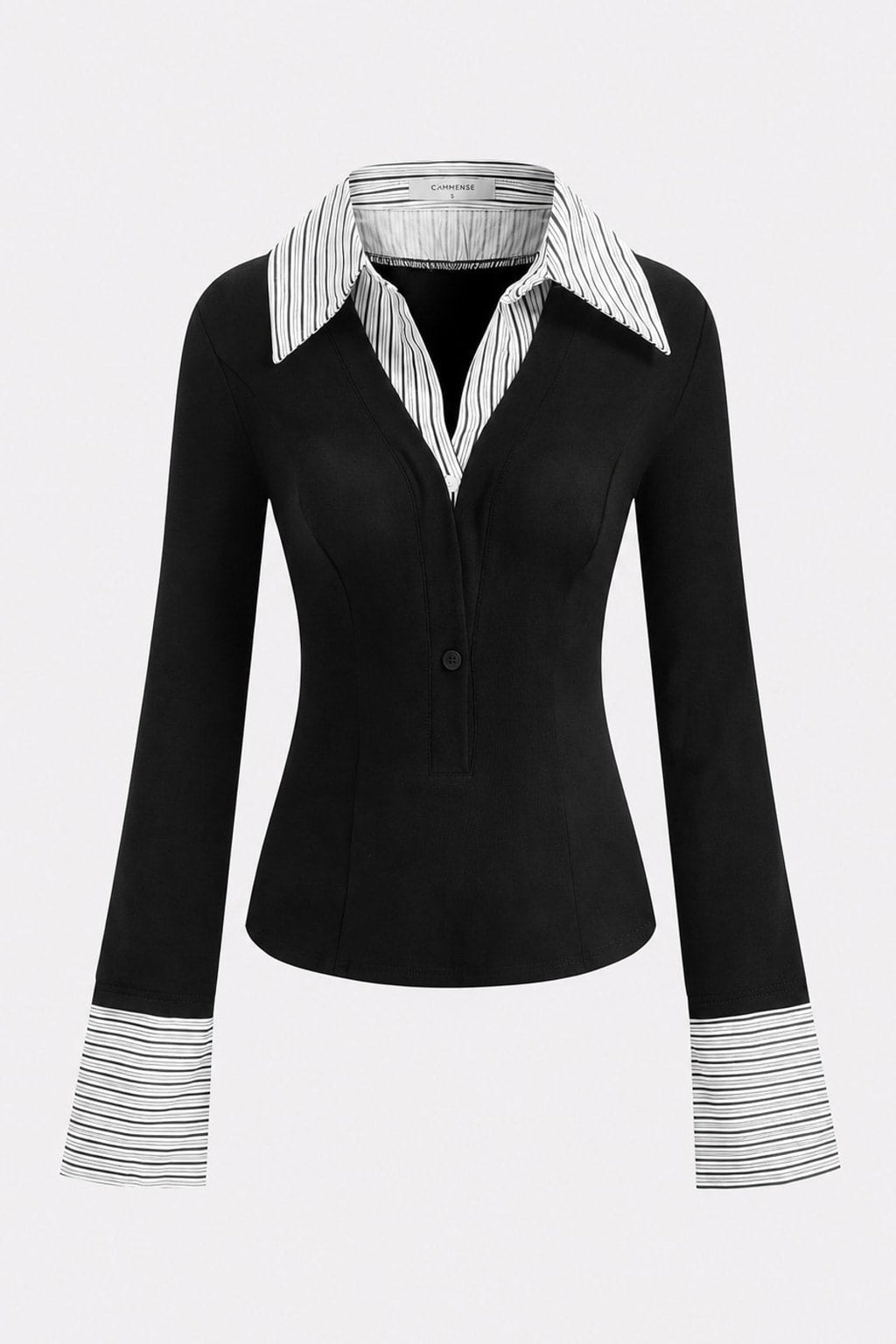 Ribbed Long-Sleeve Mock Two-Piece Polo Top - 1