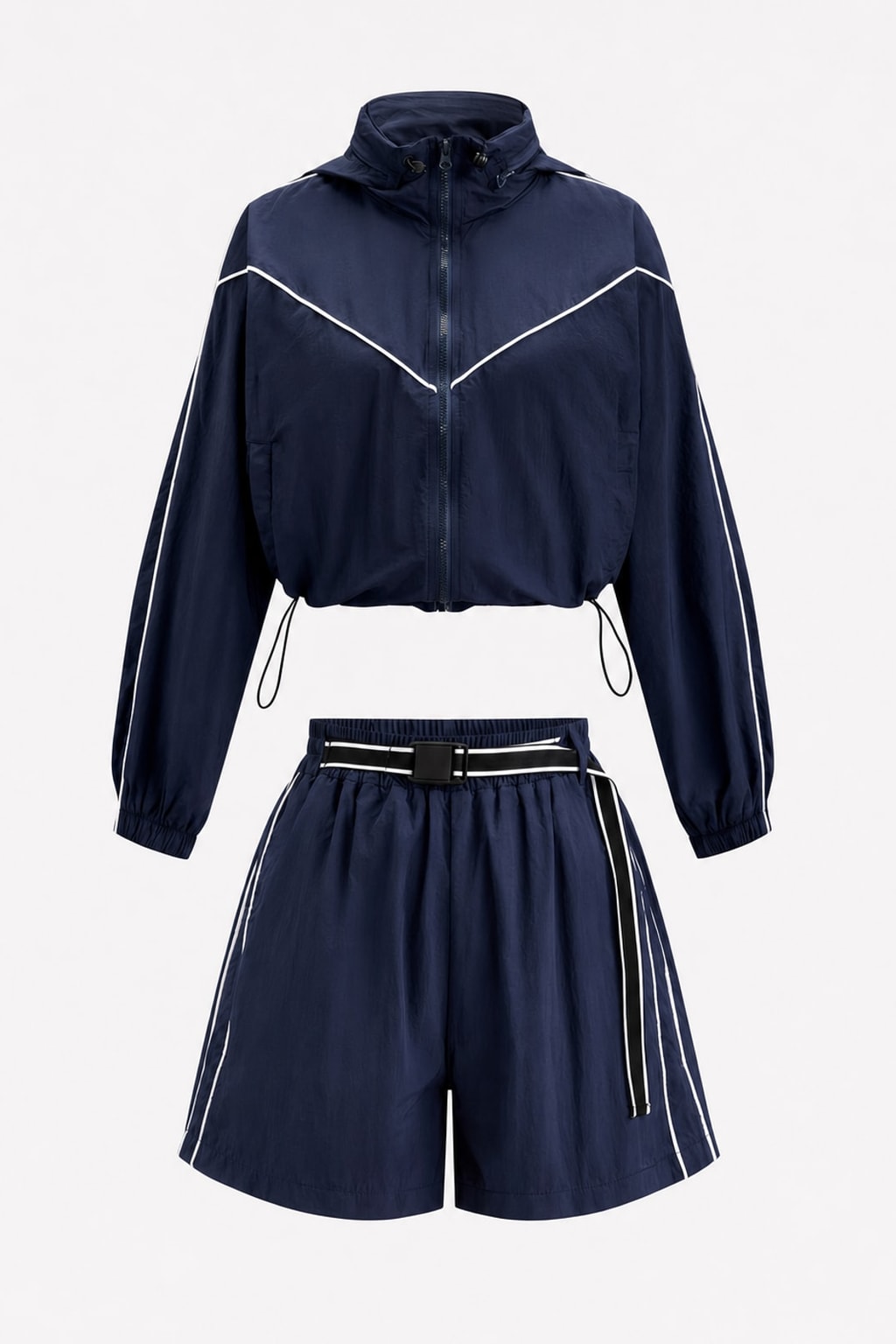Navy Woven Two-Piece Short Set With Hidden Hood - 1