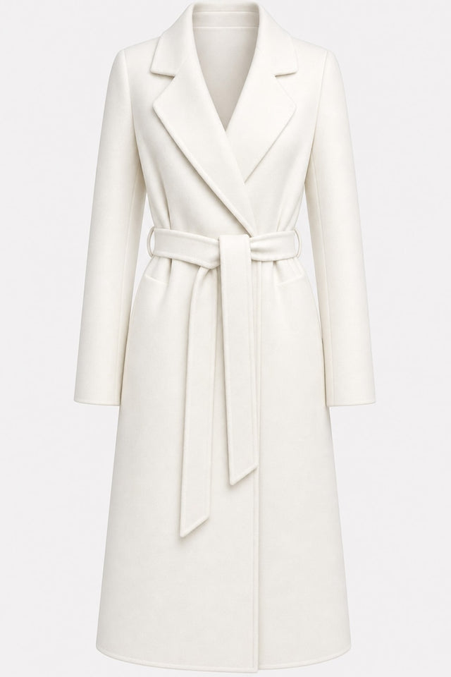 Warm White Belted Wrap Coat with Wide Lapel - 1