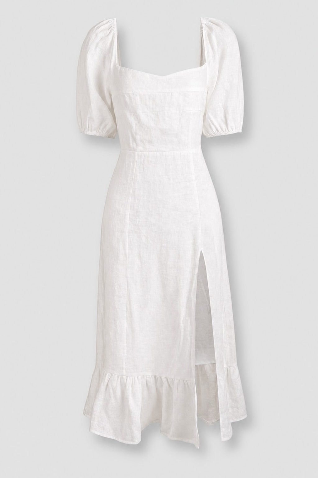 Puff Sleeve Split Hem Midi Dress in Breathable Cotton Linen - 1