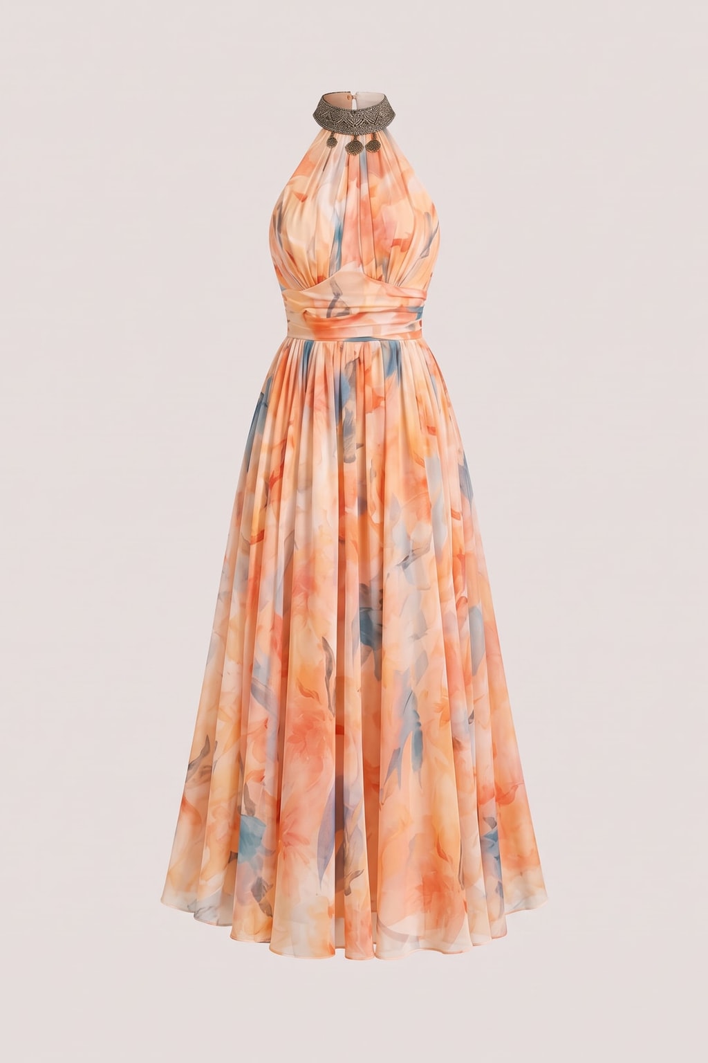 Elegant Watercolor Print Halter Maxi Dress - 1