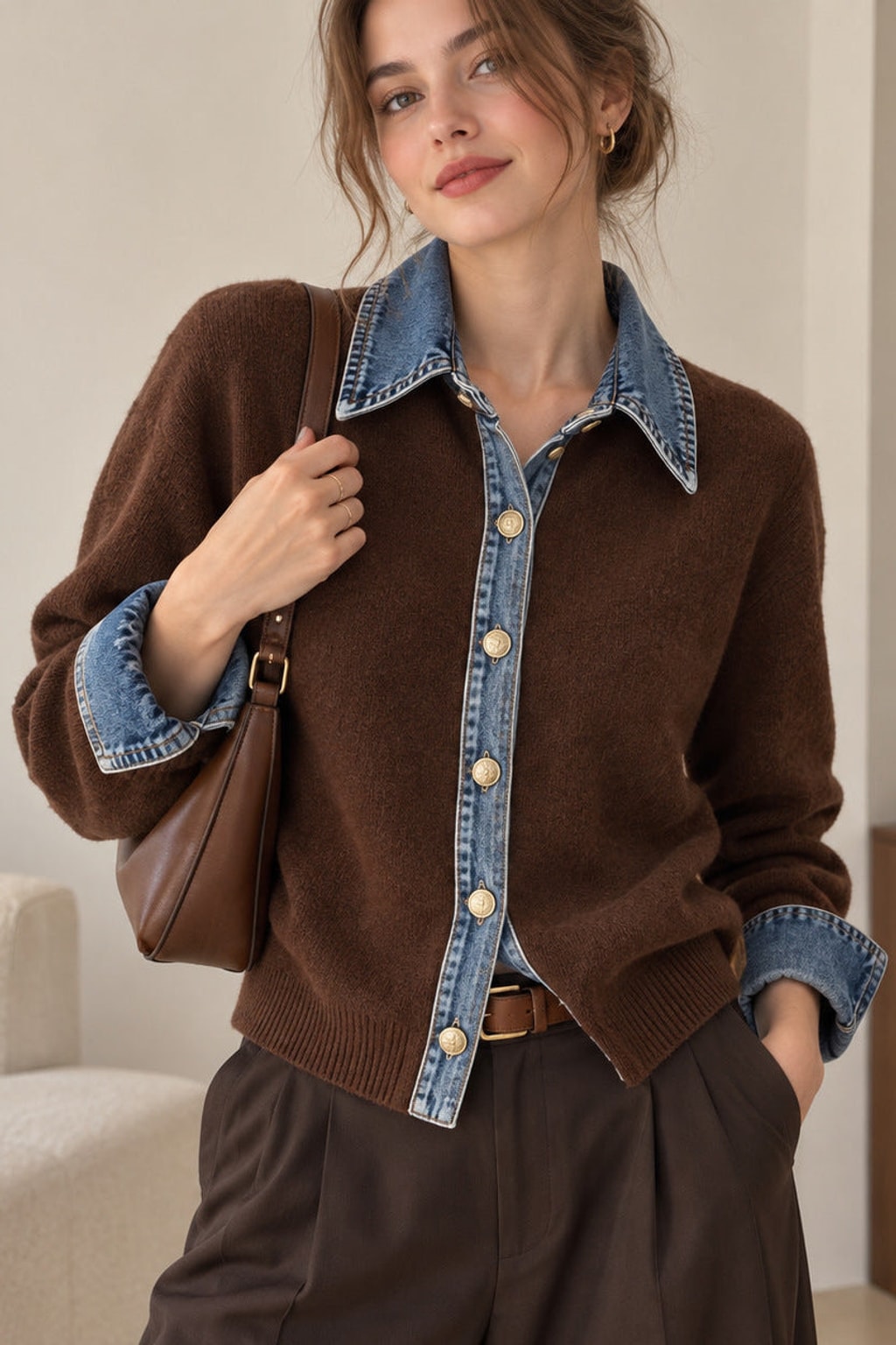 Denim Knit Patchwork Button Cardigan - 10