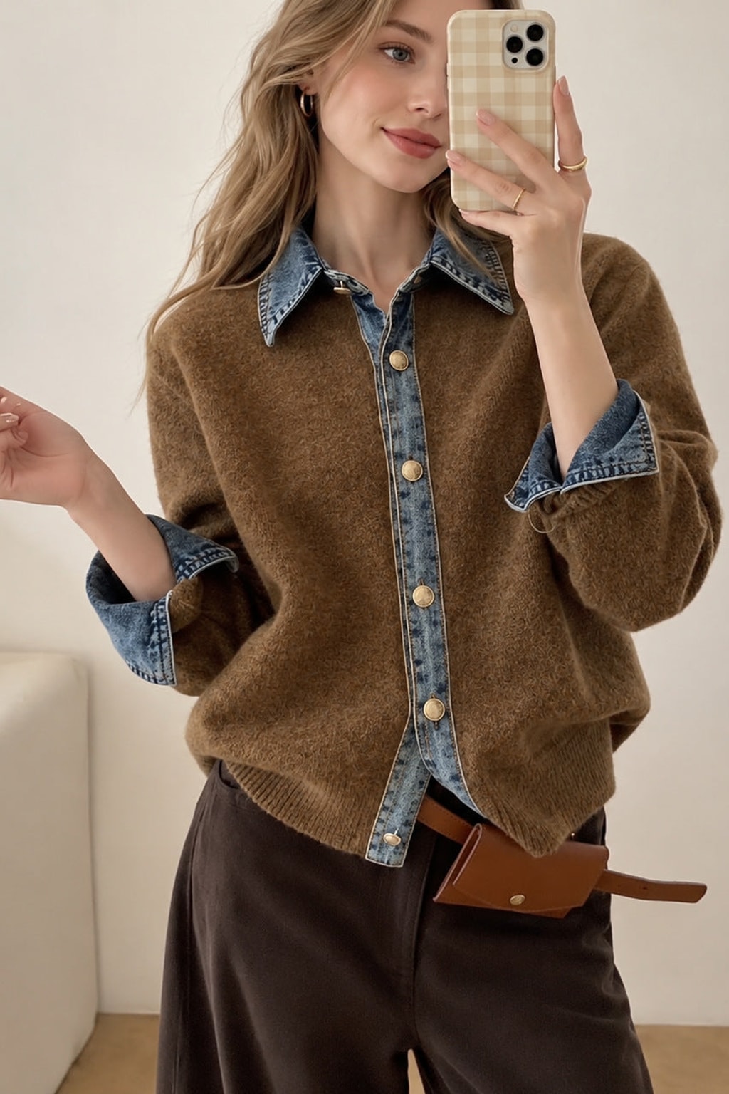 Denim Knit Patchwork Button Cardigan - 11