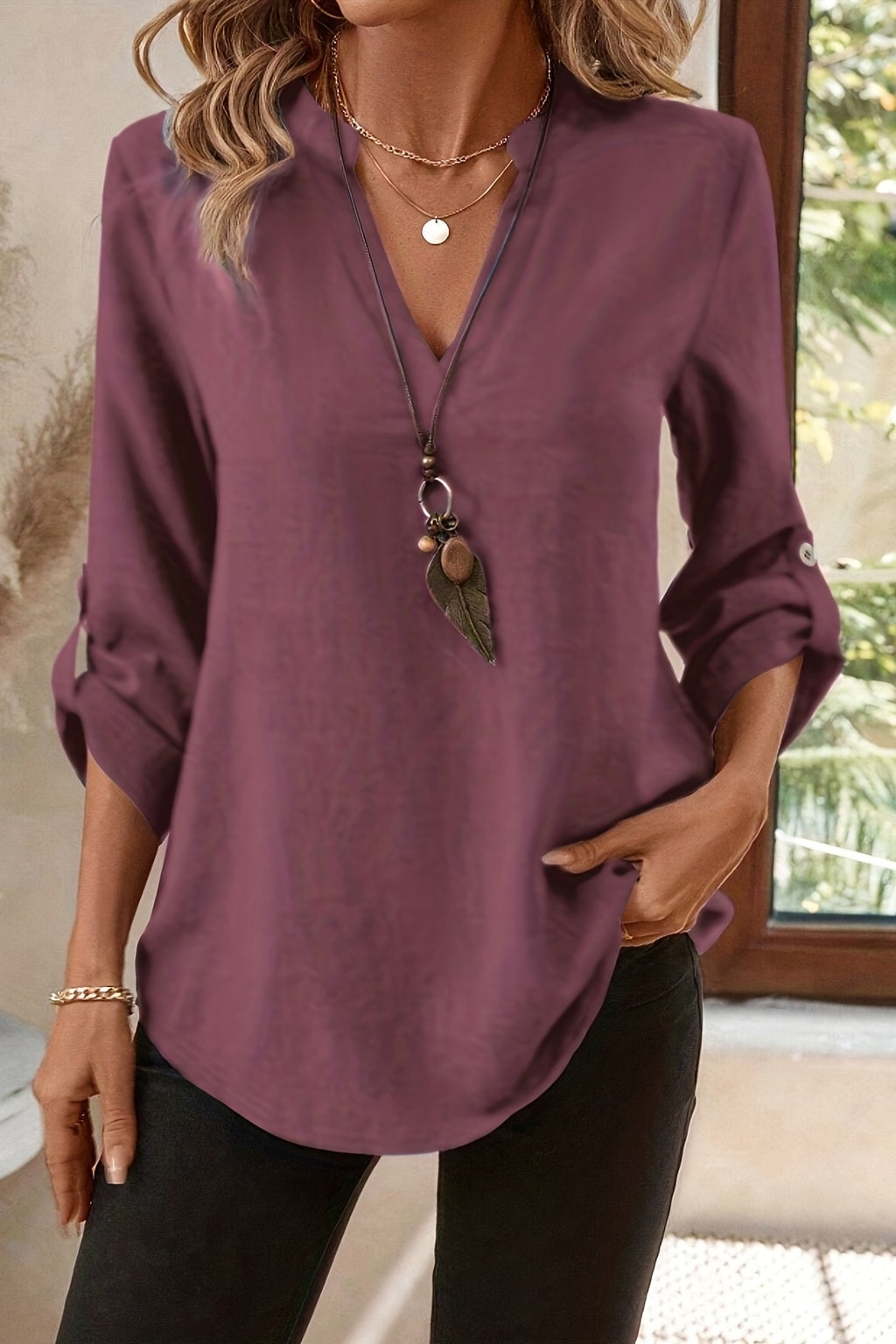 Elegance V-Neck Blouse With Roll-Tab Sleeves - 13
