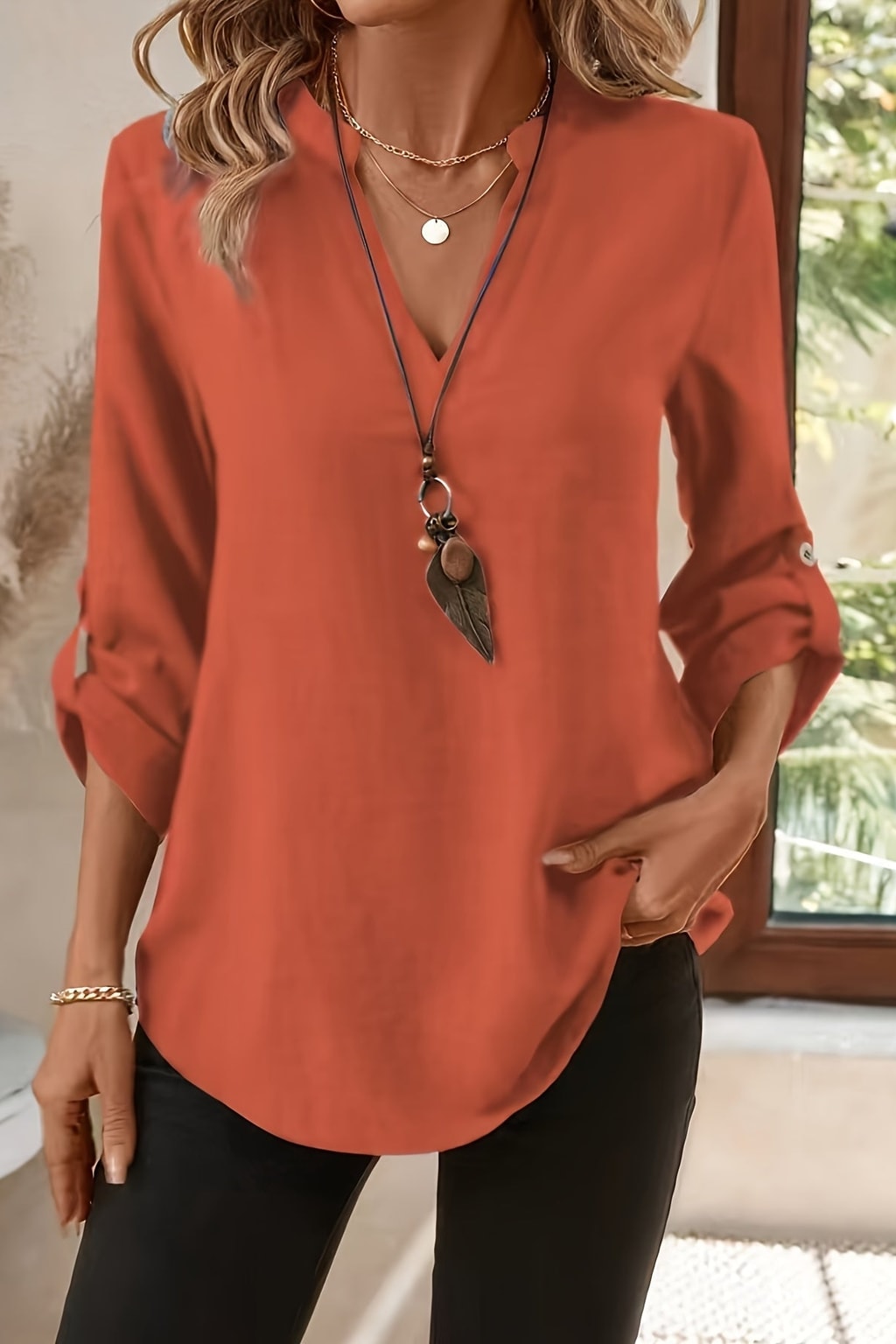 Elegance V-Neck Blouse With Roll-Tab Sleeves - 16