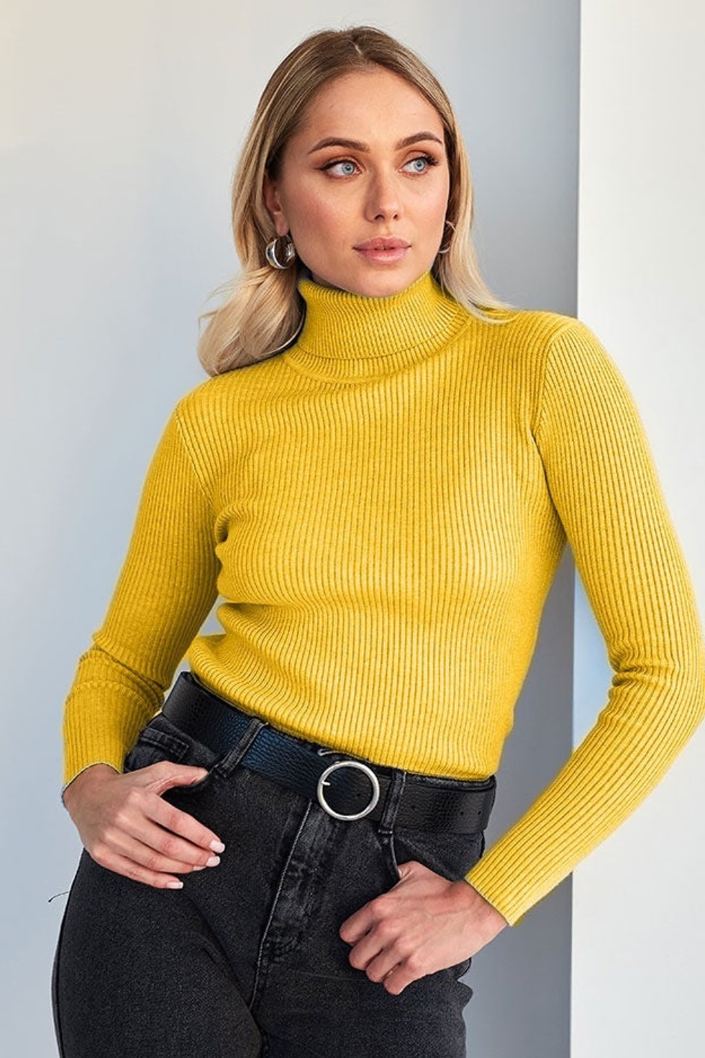 Knit Sweater Turtleneck Ribbed Black - 14