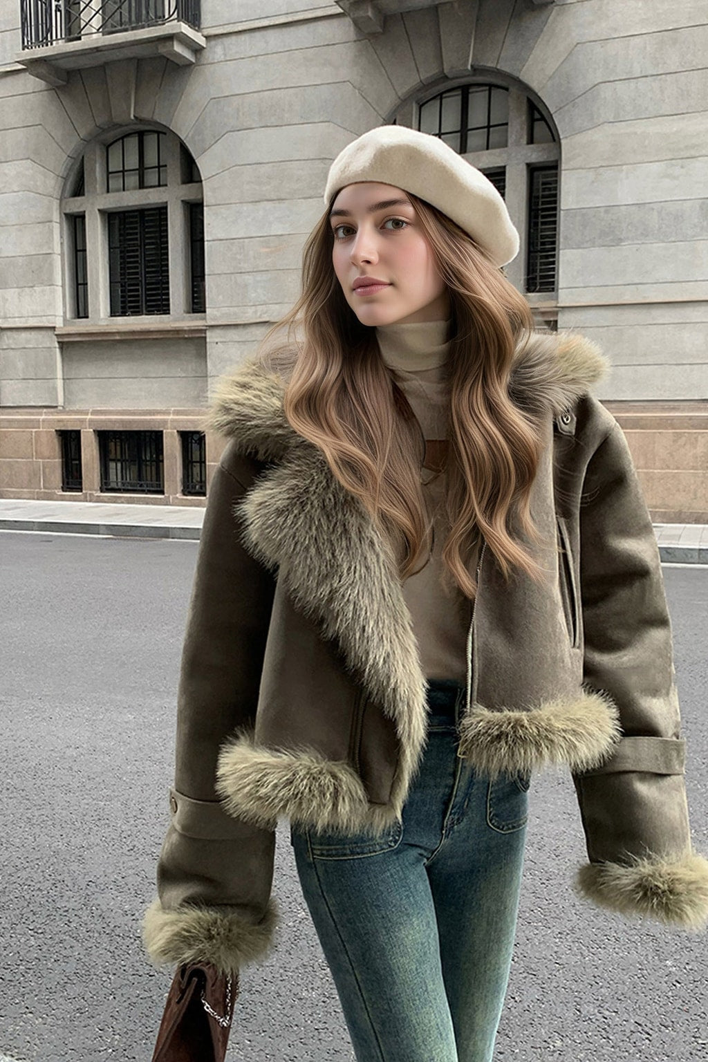 Faux Fur Jacket Polo Collar Short Motorcycle Style - 2