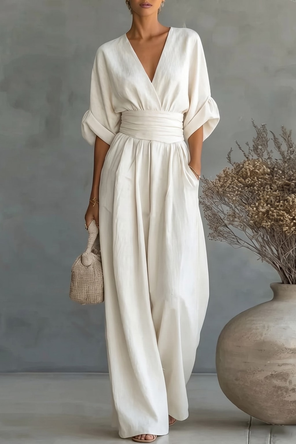 Effortless Flowy Wide-Leg Wrap Jumpsuit With V-Neck - 2