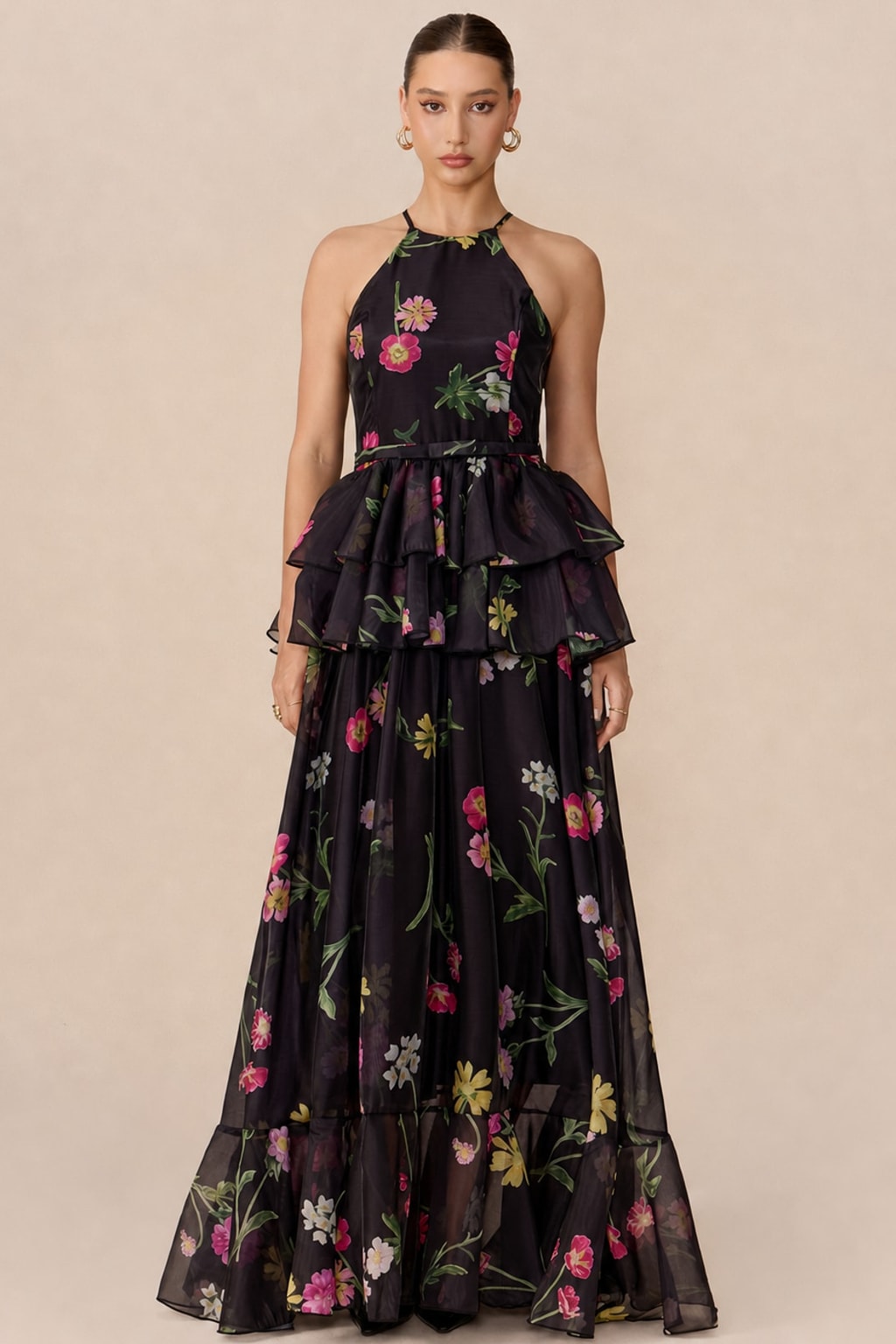 Terylene Floral Print Tiered Maxi Dress - 2