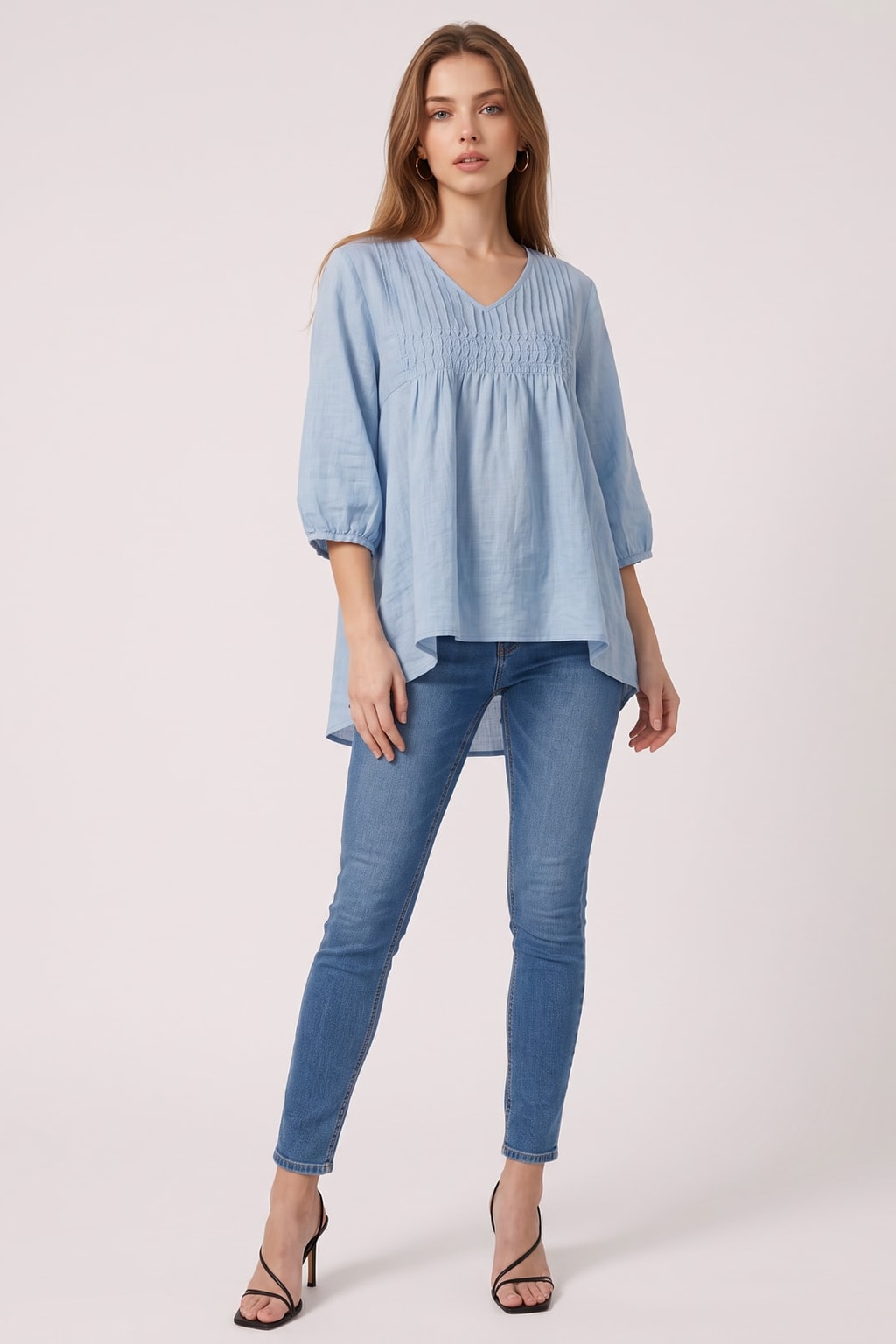 Effortless Cotton Linen Blouse With Smocked High-Low Hem - 2