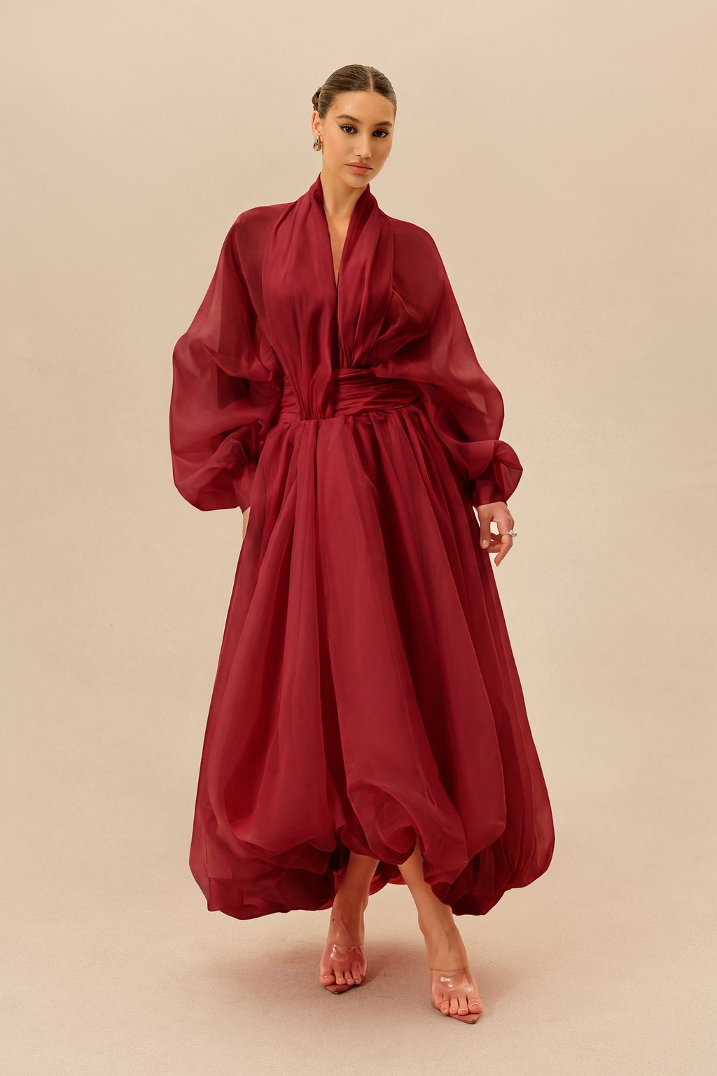 Organza Puff Sleeve V-Neck Maxi Dress - 2