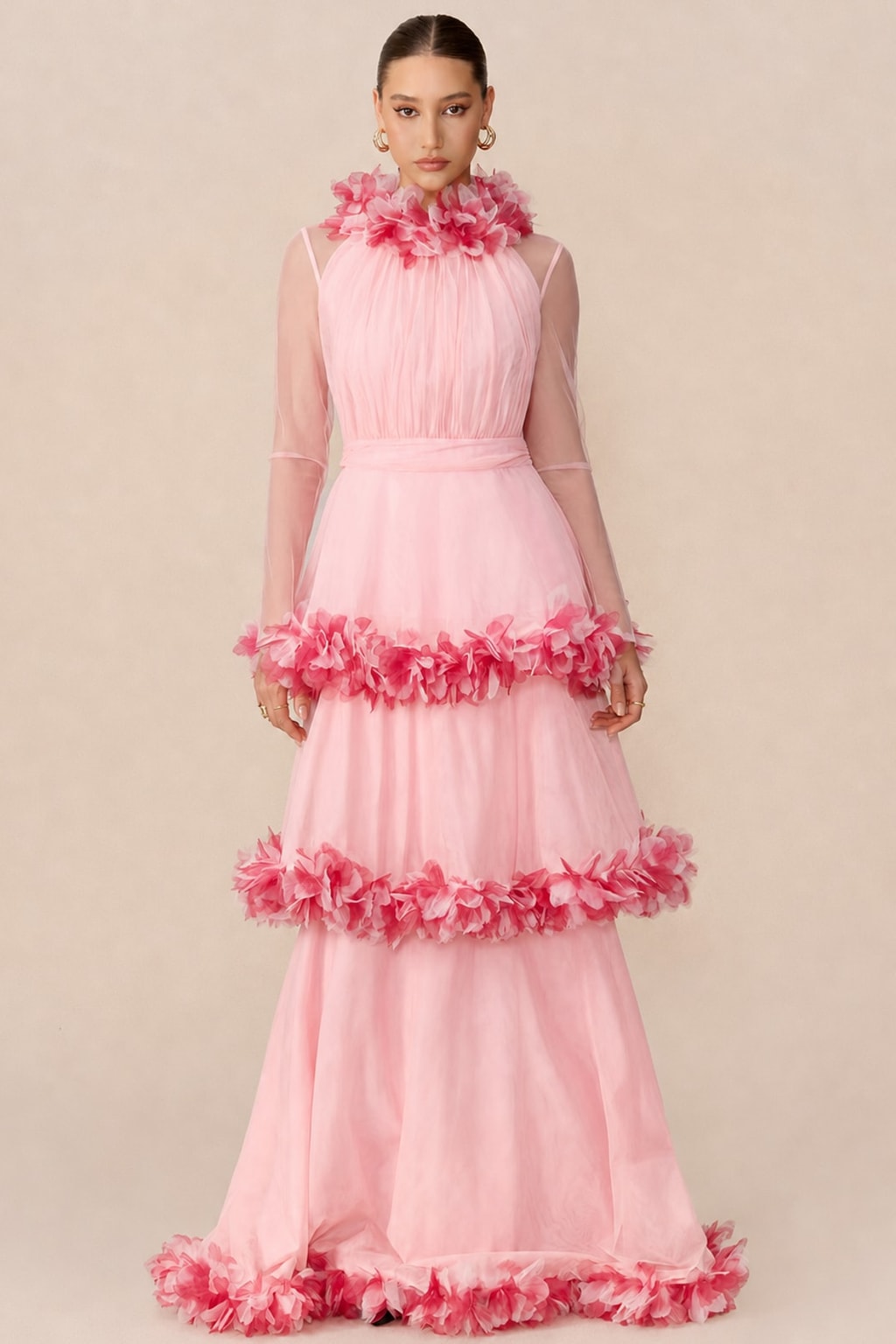 Mesh Tiered Maxi Dress With Floral Trim - 2