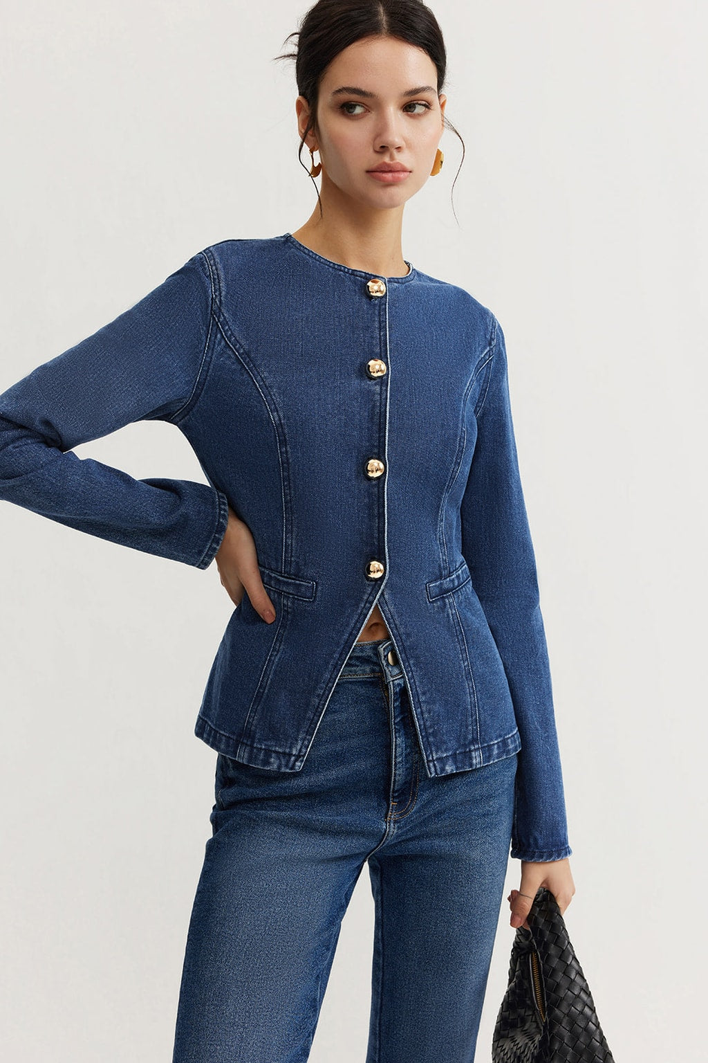Denim Slim Jacket With Button Front - 2
