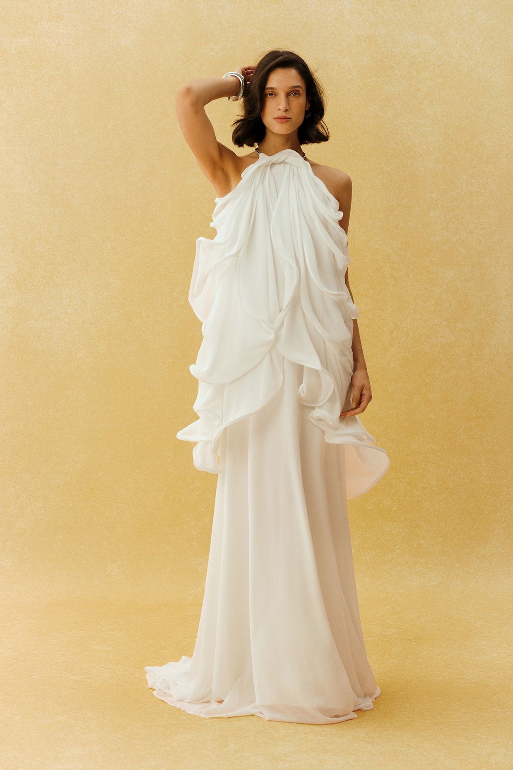 White Halter Ruffle Maxi Dress Flowy Chiffon Bridal Gown - 2