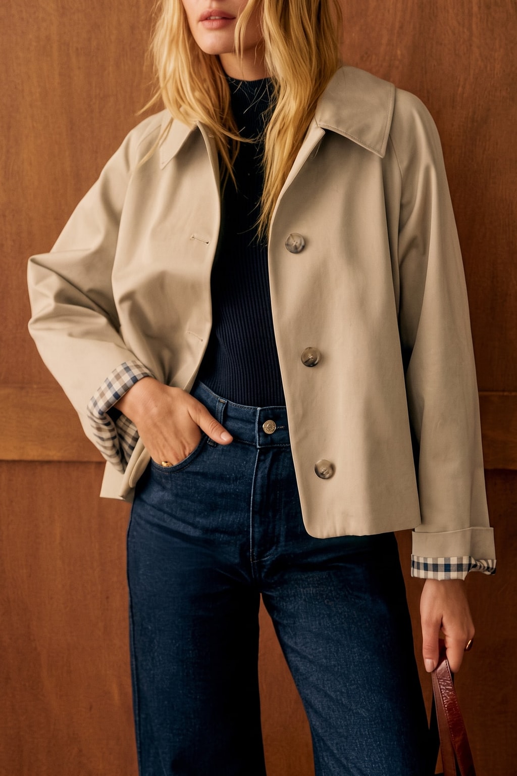 Khaki Polyester Casual Jacket With Contrasting Pockets - 2