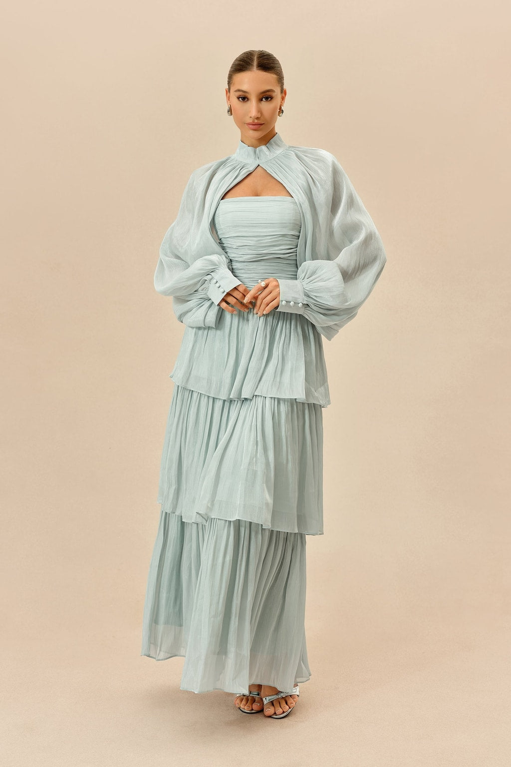 Chiffon Maxi Dress With Detachable Sleeves - 2
