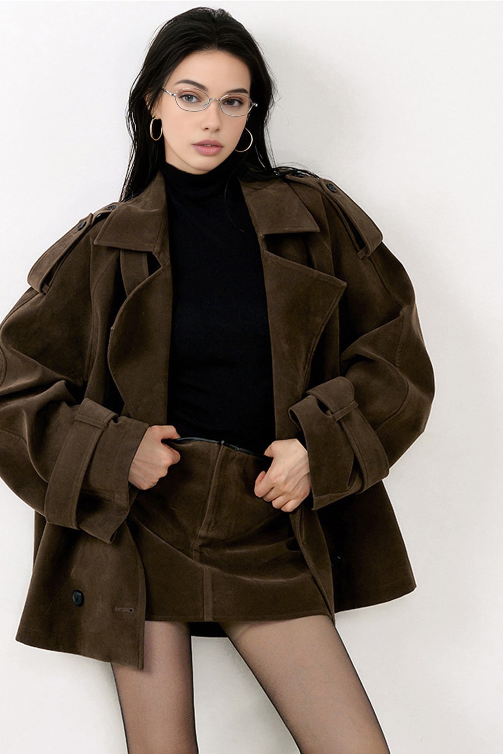 Suede Effect Oversized Jacket With Lapel Collar - 2