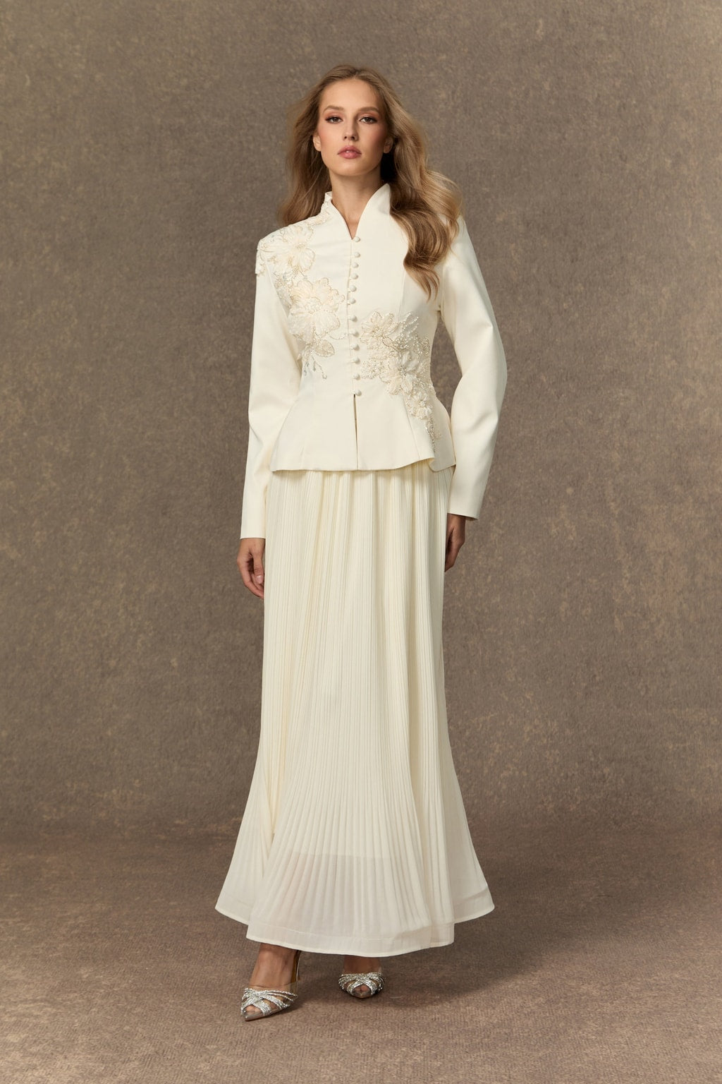 Terylene Lace Applique Peplum Jacket & Pleated Skirt Set - 2