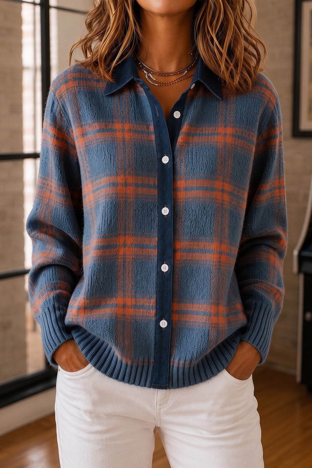 Cozy Textured Plaid Knit Button-Front Sweater - 2