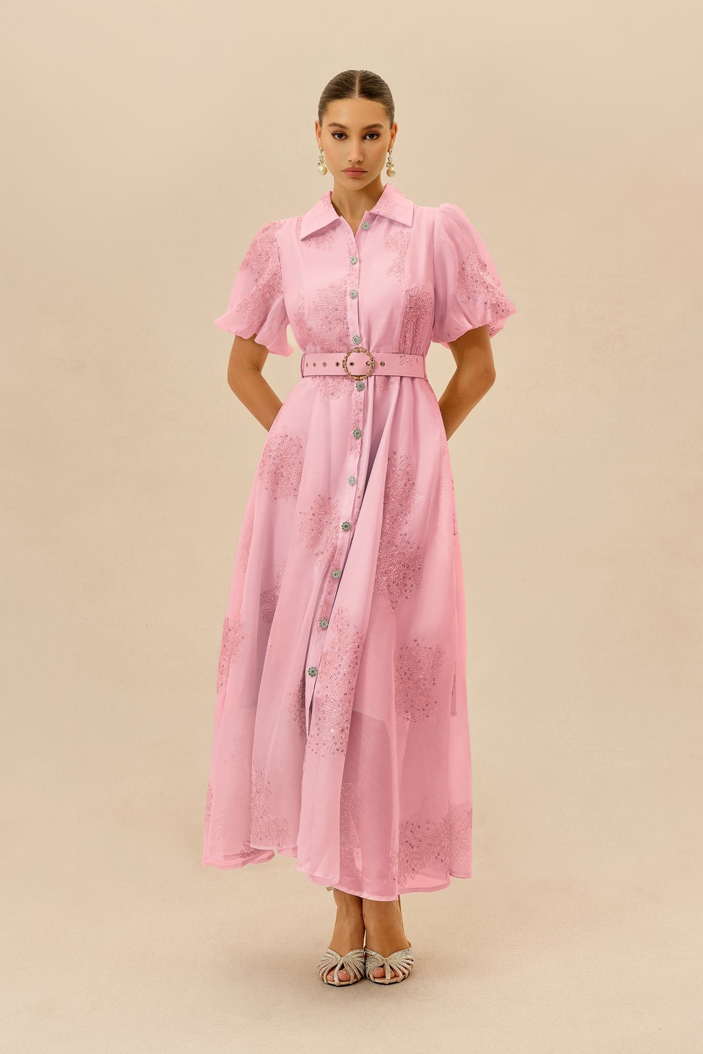 Pink Floral Embroidered Maxi Dress Belted Shirt Collar - 2