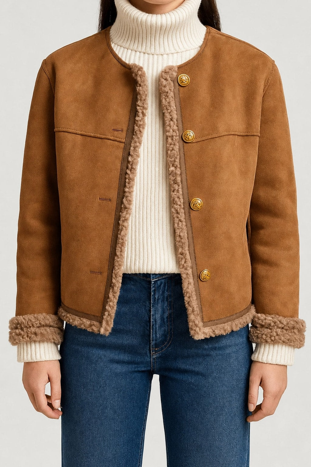 Cozy Suede Shearling Jacket Cropped Collarless - 2