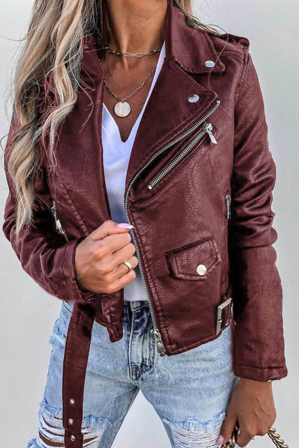 Timeless Leather Jacket With Stand Collar And Belt - 2