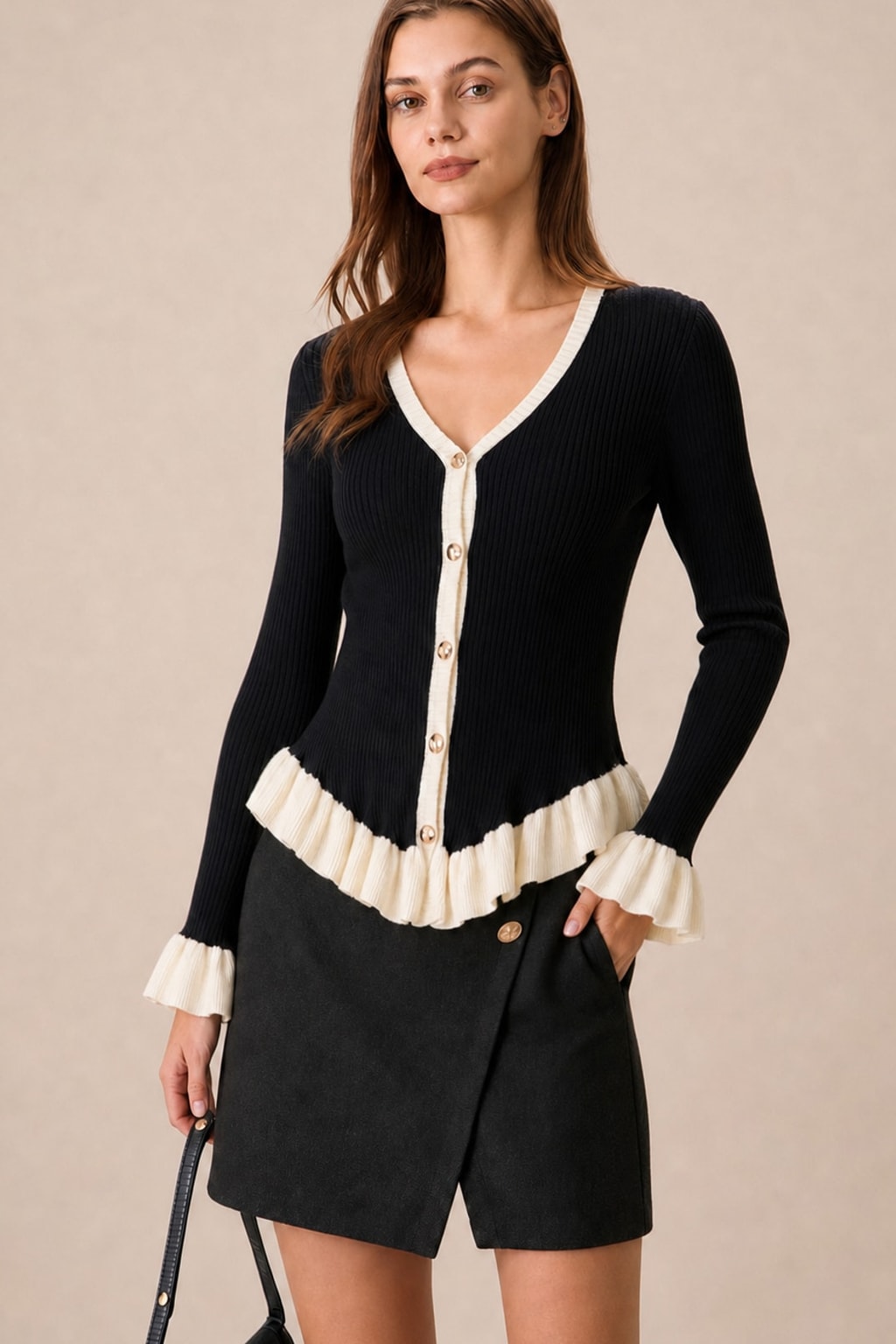 Black Knit V-Neck Cardigan With Contrast Trim - 2
